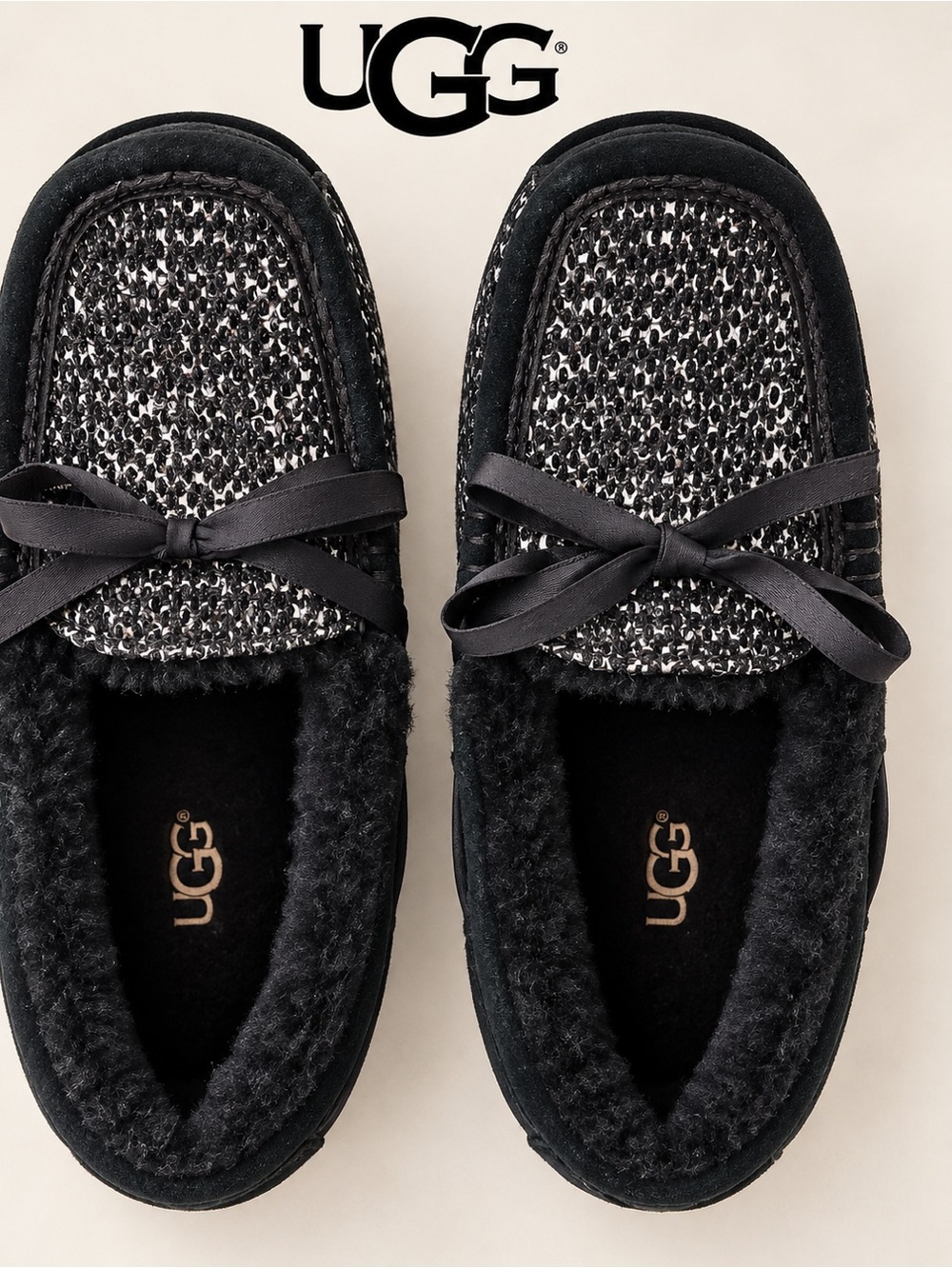UGG Symona Frill Black Slippers black white New size 5